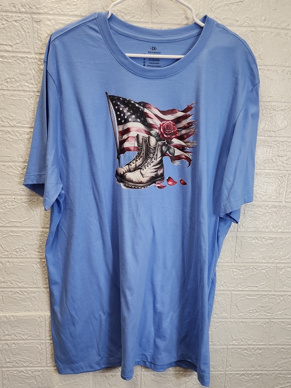 Light Blue Men's Graphic Tee with American Flag and Boots
